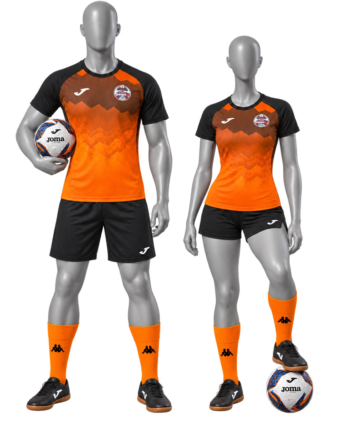 Deux mannequins portant les tenues noire et orange du club Futsal D’Igny avec un ballon